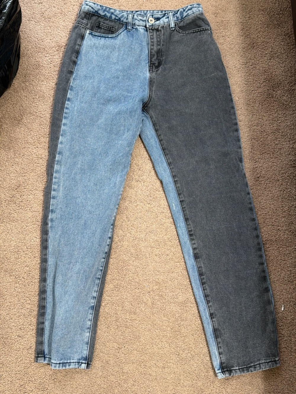 SHEIN Two-Tone High-Rise Jeans - Light Blue & Charcoal